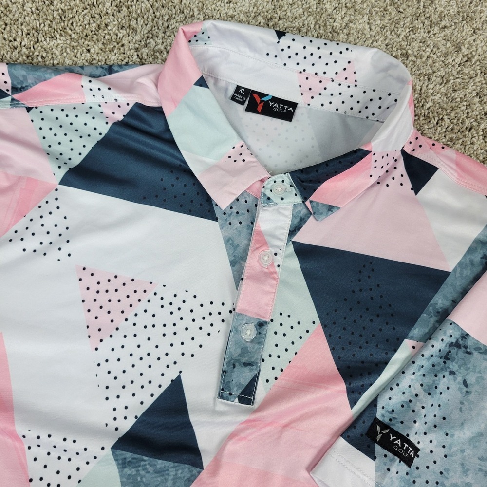 Yatta Golf Mens XL White Black Pink AOP Geometric‎ Triangle Performance Polo